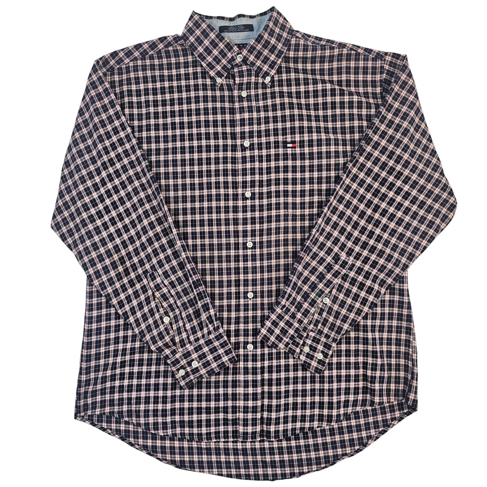 Tommy Hilfiger Mens Large Navy Blue Red Plaid Long Sleeve Button Down Shirt L